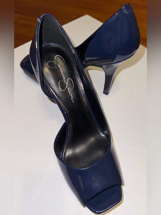 Jessica Simpson Shoes - Jessica Simpson Navy Patent Open-Toe Pumps